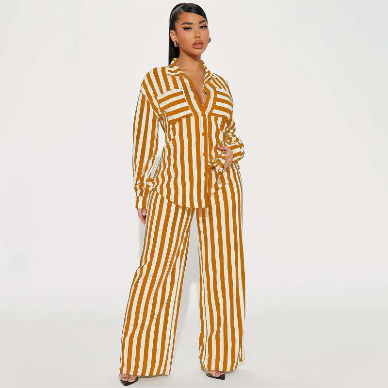 Striped Pajama Set with Buttons, Shirt and Pajama Pants - L, Multi Yellow image