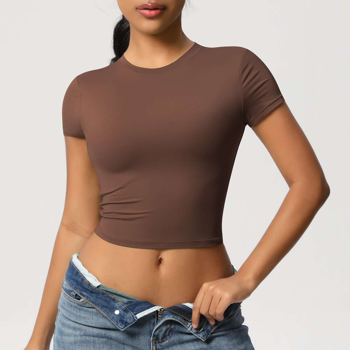 Fitted Crop Top with Short Sleeves - Coffee Brown, M image