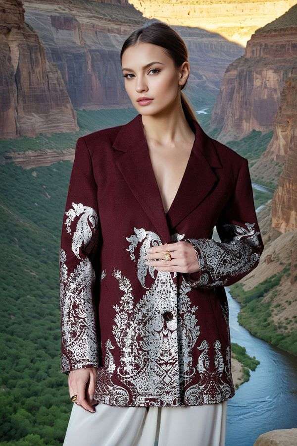 Sequin Beads Decorative Suit Jacket - M, Multi Maroon image