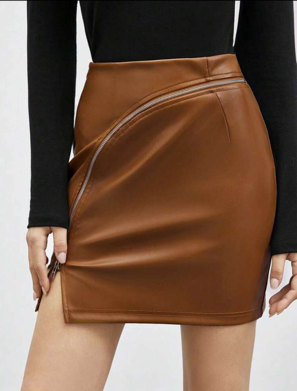 Faux Leather Mini Skirt with Asymmetric Zipper image 1