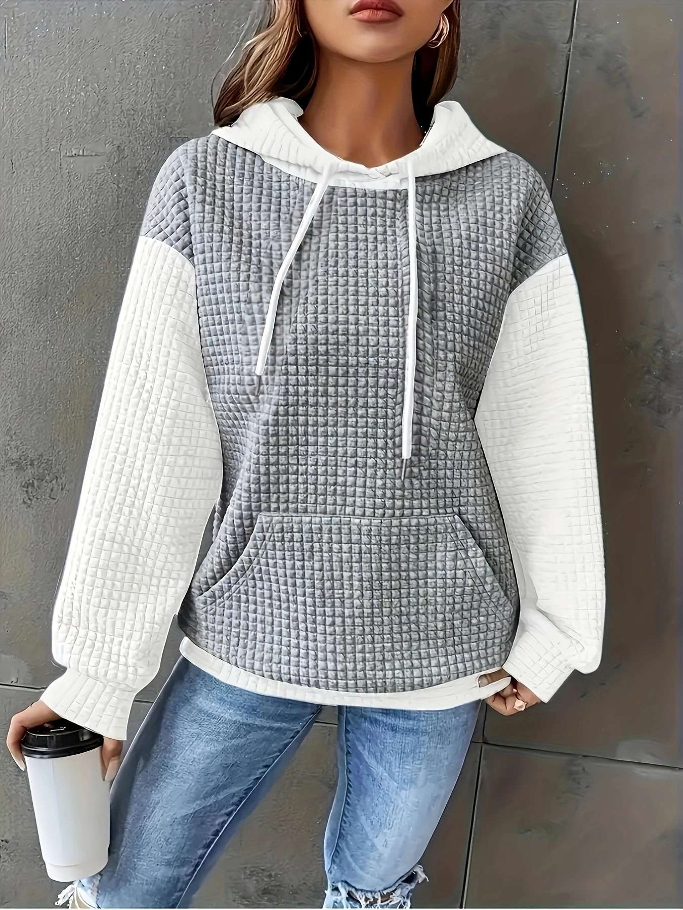 Cozy Quilted Colorblock Hoodie Sweater - L, White image