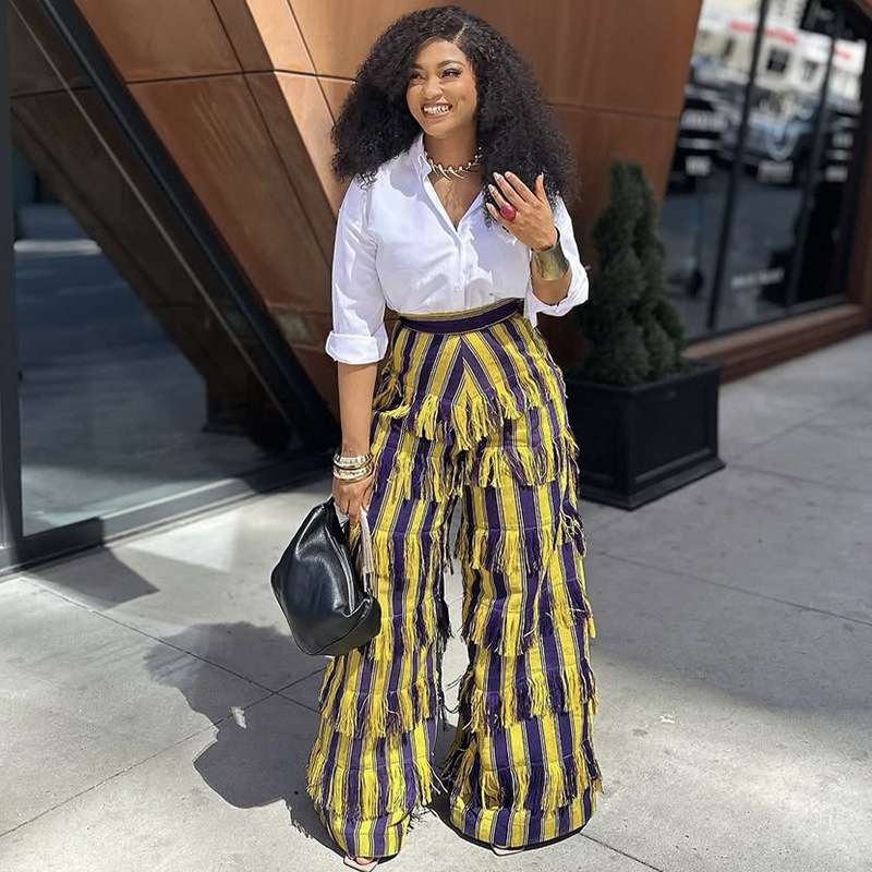 Bohemian Striped Fringed Wide-Leg Pants - S, Yellow image