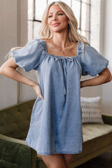 Mini Dress with Puff Sleeves - M, Blue image