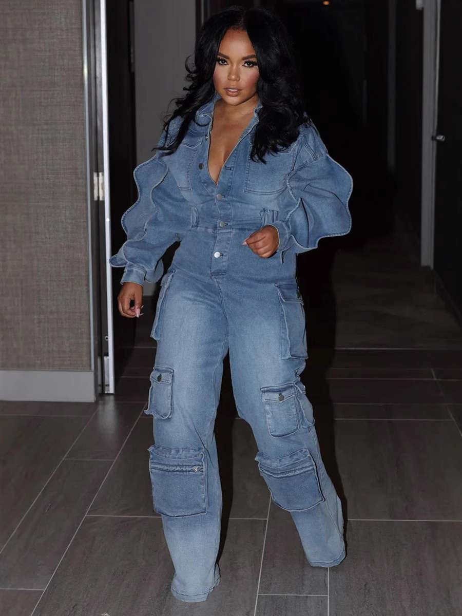 Wave Sleeve Button Up Cargo Denim Jumpsuit image 1