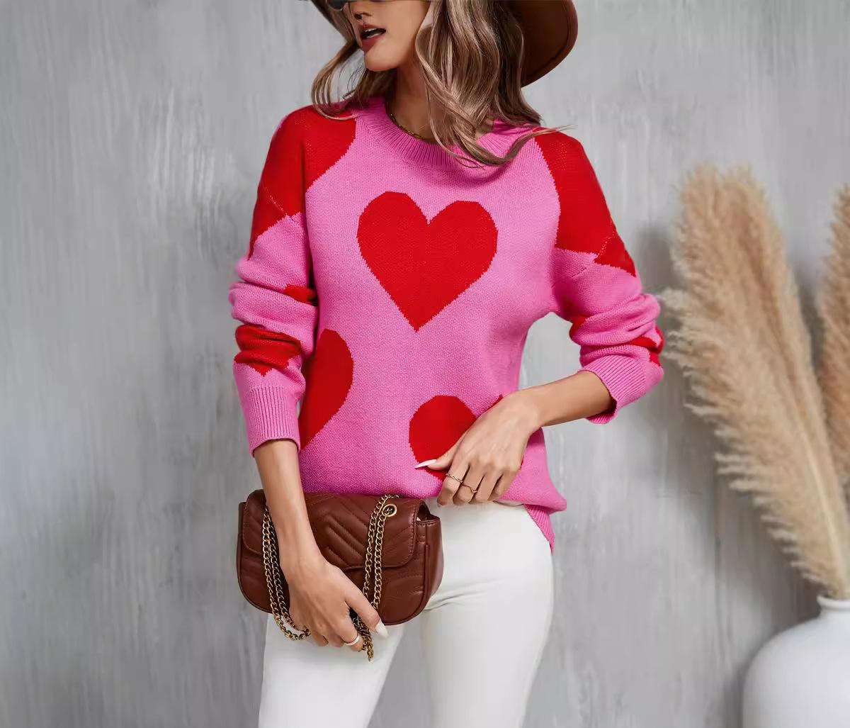 Cozy Pink Heart Pattern Sweater - M, Rose image