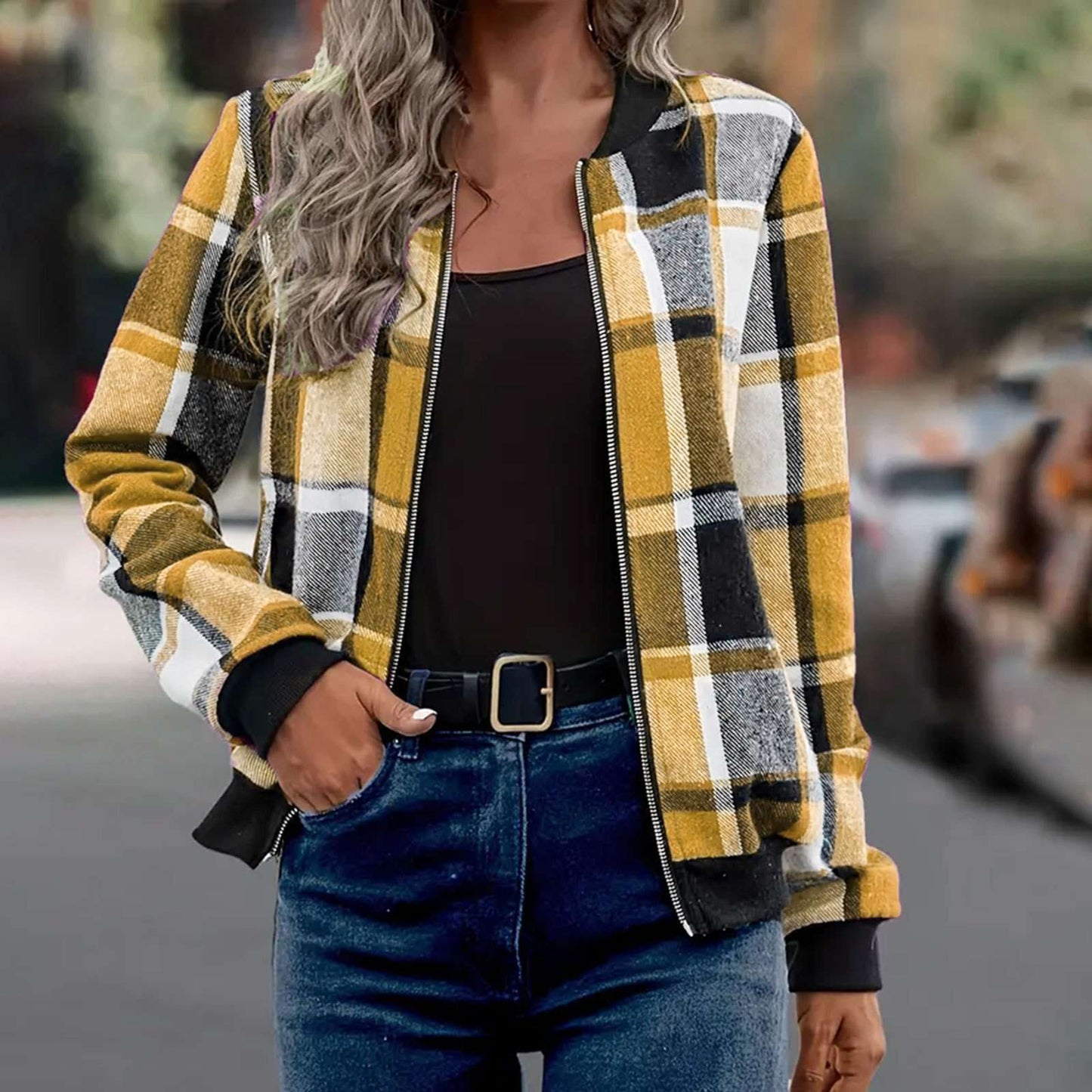 Stylish Plaid Bomber Jacket - M, Yellow image