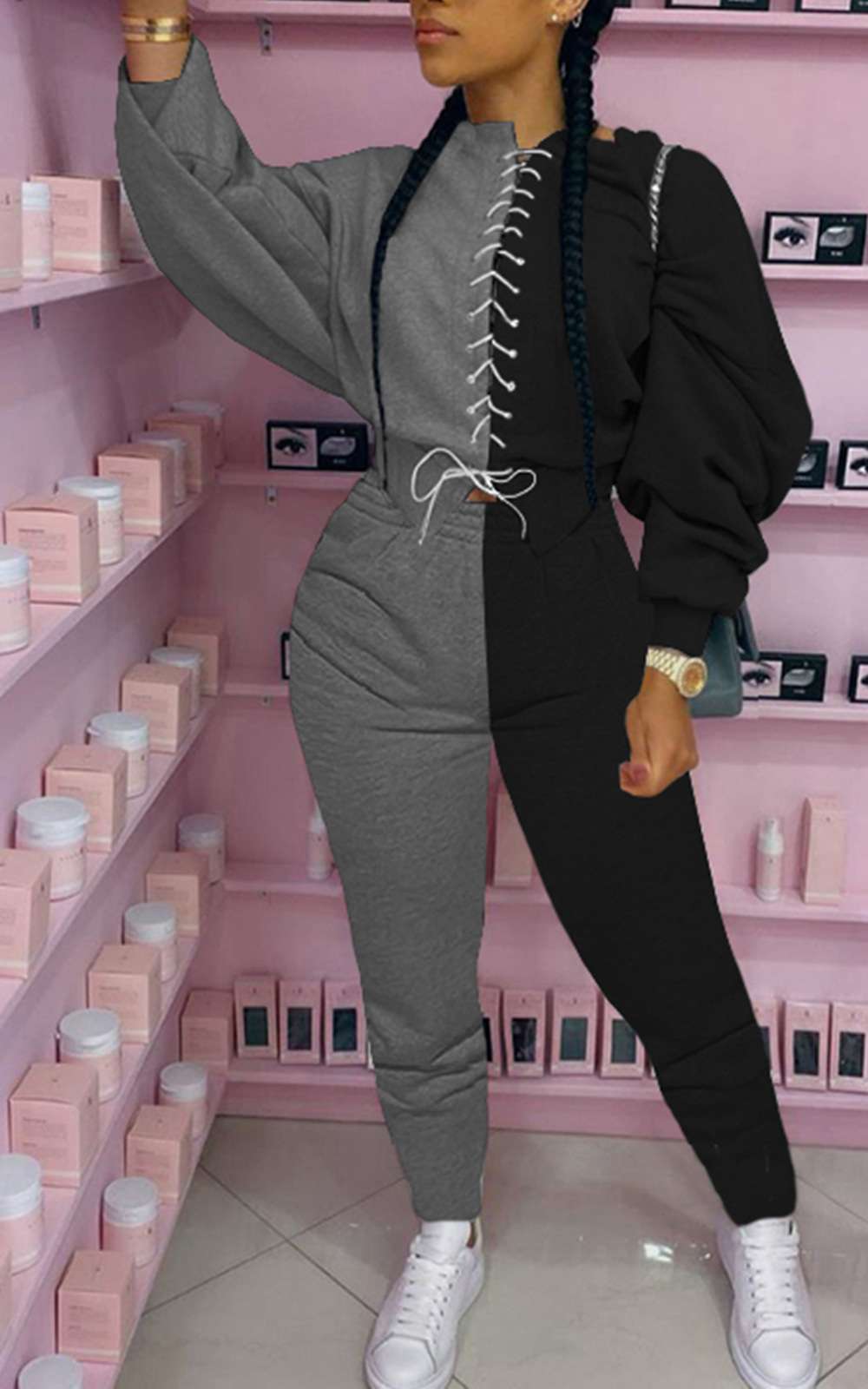 Casual Two Tone Jumpsuit - L, Grey image