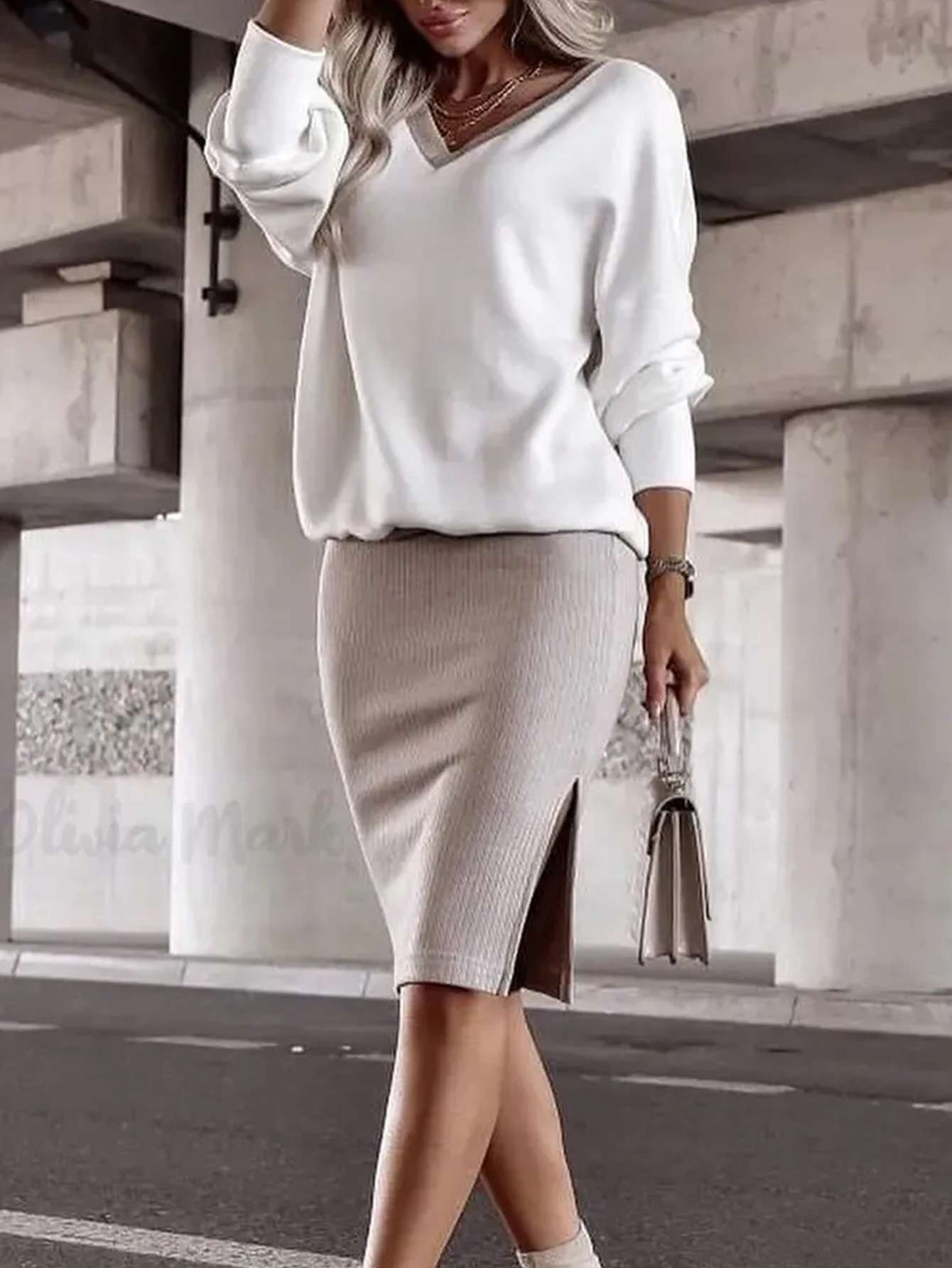 Fall Winter V Neck Top Skirt Set - M, White image