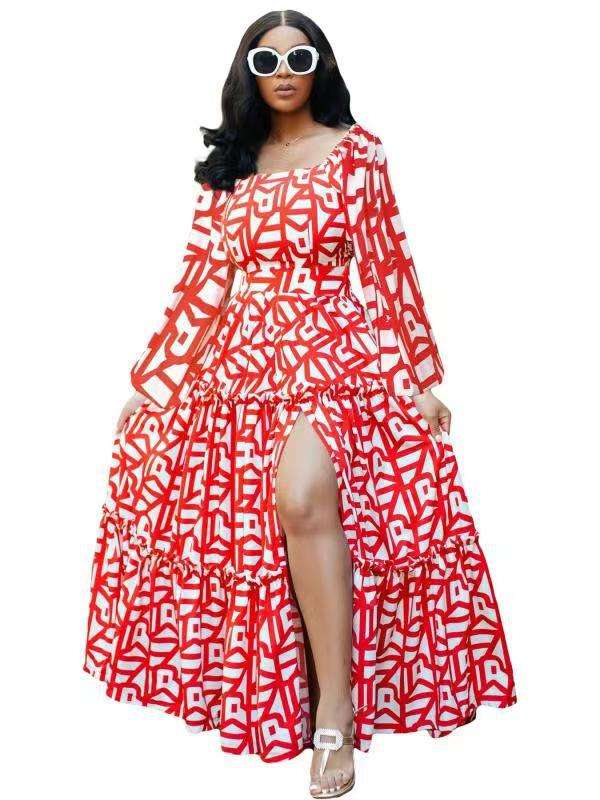 Spring elegant slit printed u-neck dress image 1