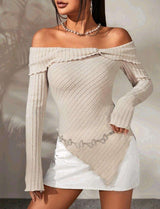 Off Shoulder Trim Asymmetrical Top - Beige, M image