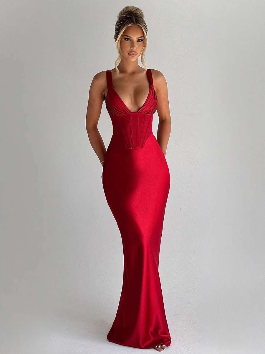Elegant Red Corset-Style Evening Gown - L, Red image