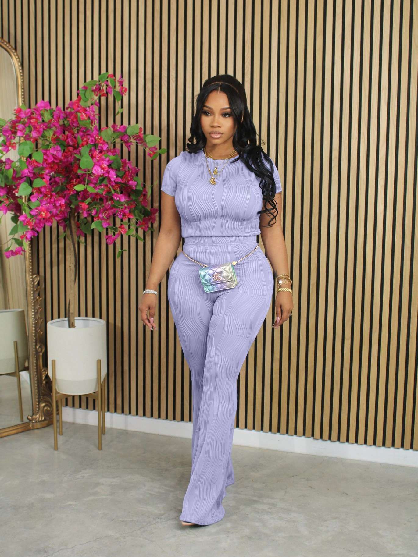 Wavy Pattern Top and Pant Matching Set - L, Purple image