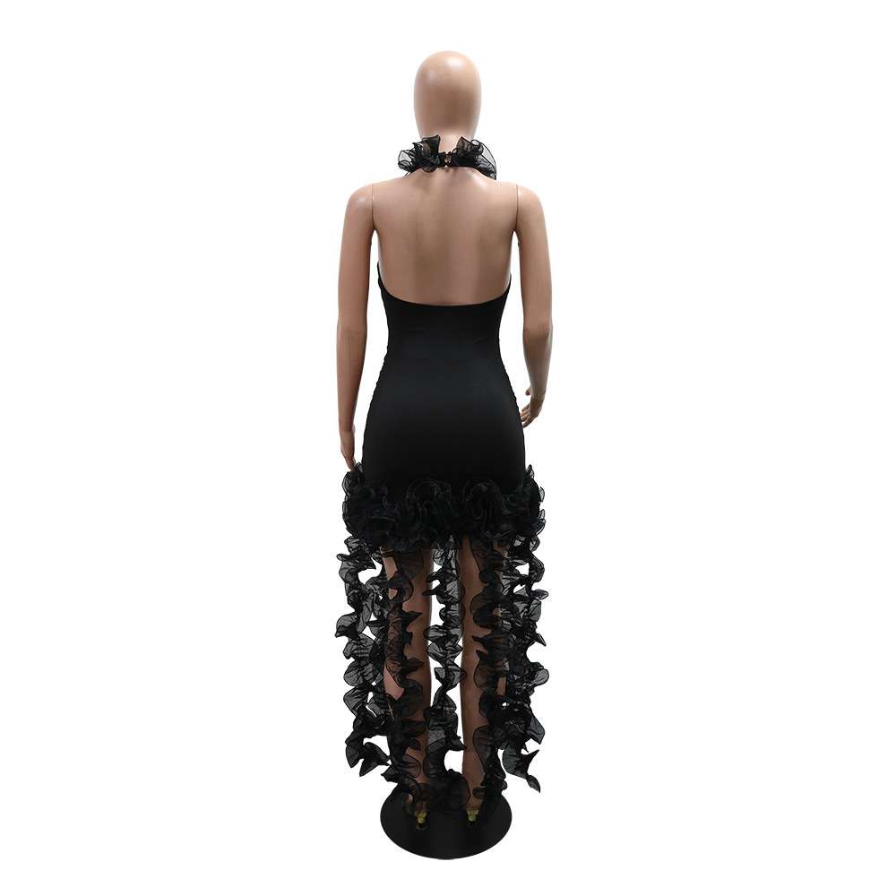 Black Ruffle Halter High-Low Dress image 3