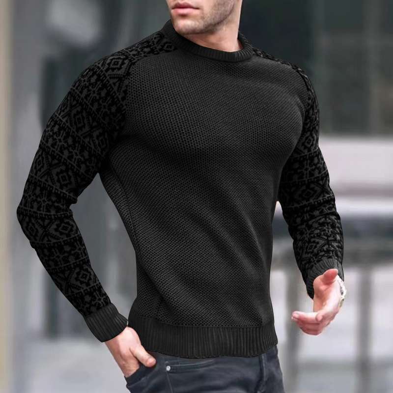 Round Neck Sweater With Patterned Sleeves - XXL, Black image