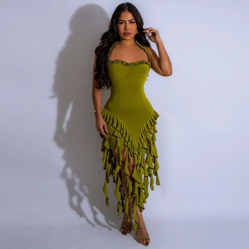 Halter Neck Asymmetrical Dress - 2XL, Green image