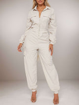 Casual Zip-Up Jumpsuit - M, Light Beige image