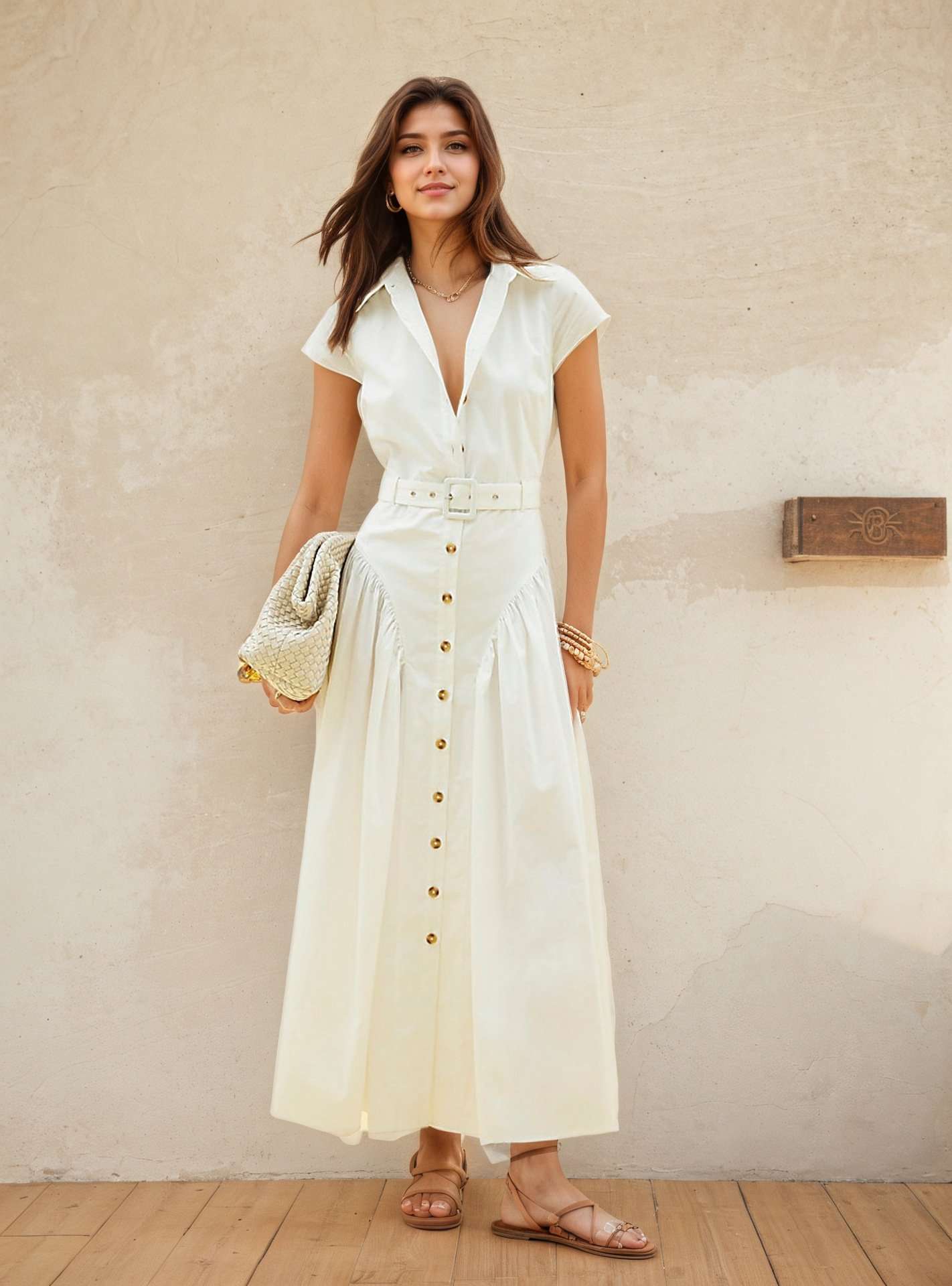 Button-Front Maxi Dress with Belt - L, White image