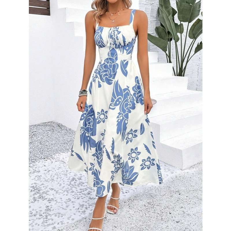 Floral Maxi Dress with Spaghetti Straps - L, Light Blue image