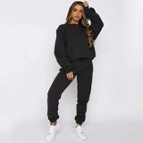 Solid Round Neck Pullover Sweatshirt and Jogger Pants - L, Black image