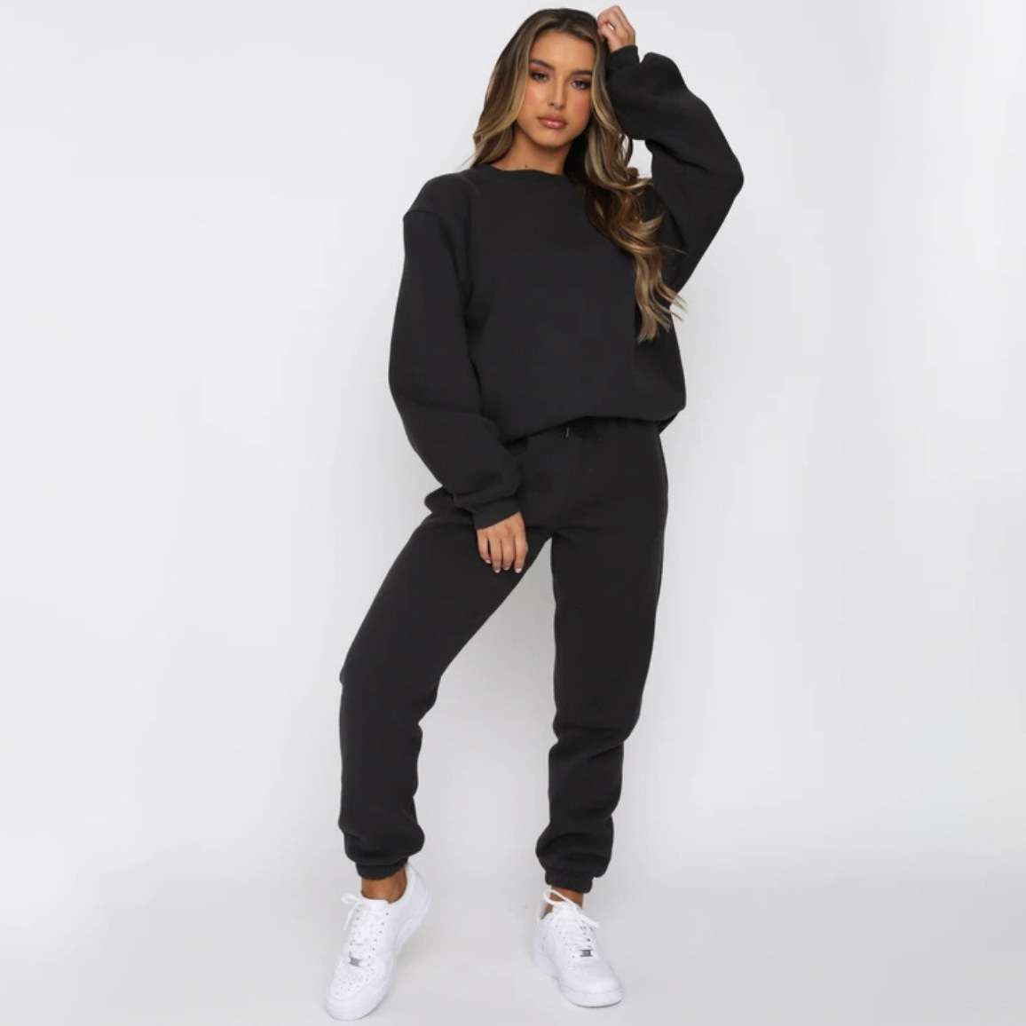 Solid Round Neck Pullover Sweatshirt and Jogger Pants - L, Black image