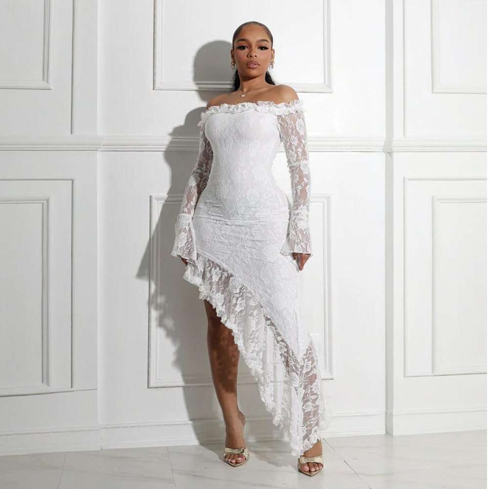 Lace Off-Shoulder Asymmetrical Dress - M, White image