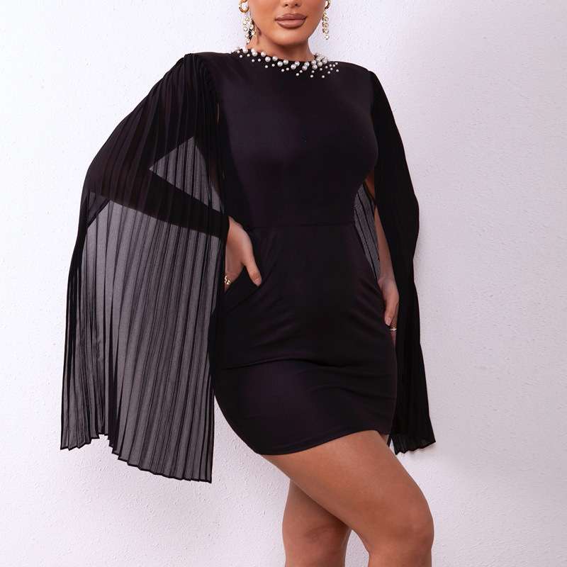 Backless Pearl Detail Pleated Split Sleeve Dress image 1