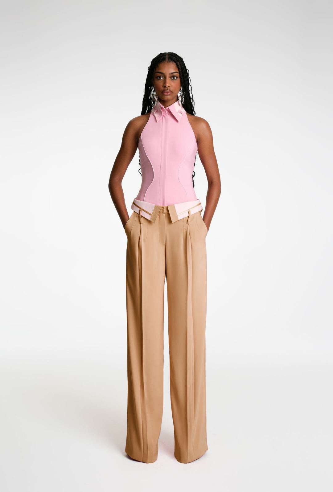 Vivid Contrast Palazzo Pants - S, Beige image