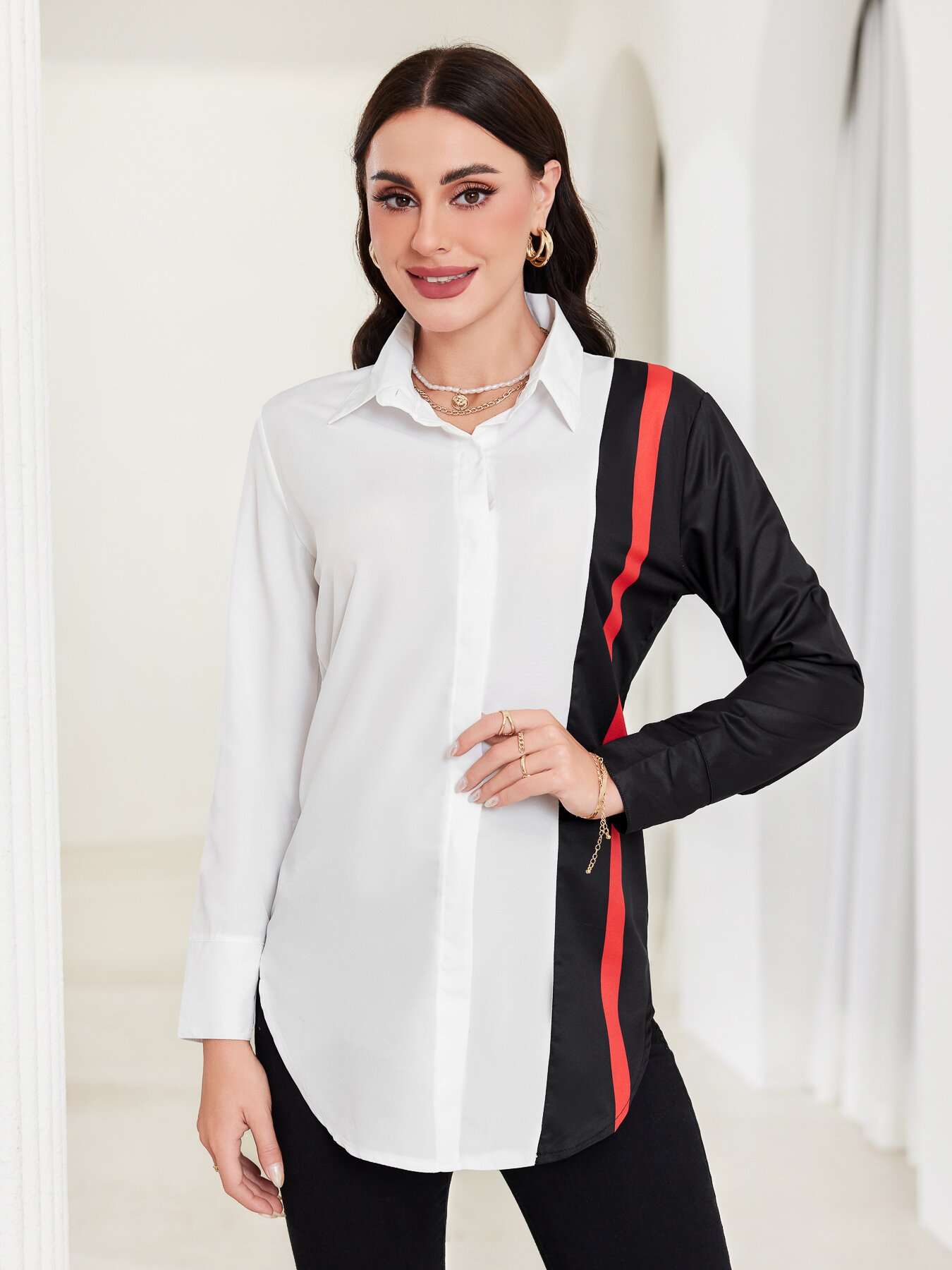 Striped Shirt Casual Colar, Long Sleeve, Button Front Shirt - L, Multi White image