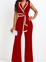 Sleeveless Wrap Jumpsuit with Trim - M, Red image