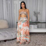 Pastel Scenic Print Bandeau Top & Maxi Skirt - M, Orange image