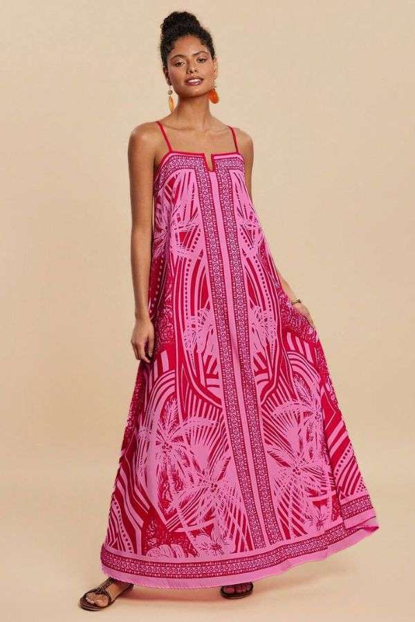 Tropical Print Maxi Dress with Spaghetti Straps - M, Rose image
