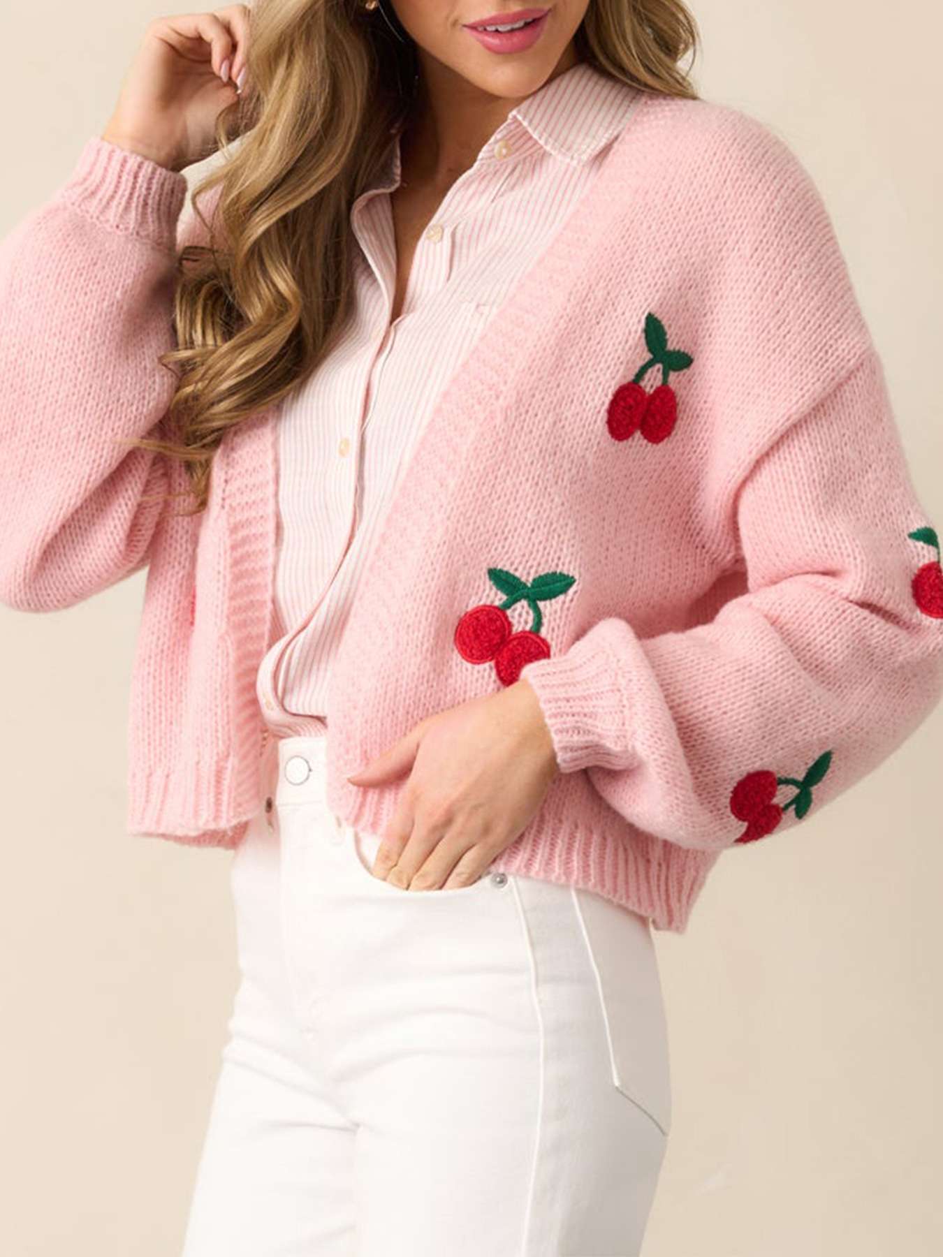 Knit Cardigan with Cherry Embroidery - M, Pink image