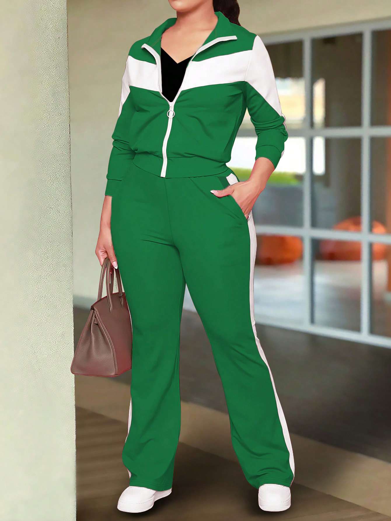 Trendy Color Block Tracksuit - S, Green image