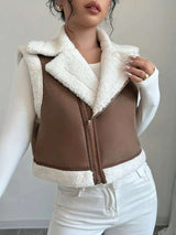 Faux Shearling Vest with Zipper - L, Brown image