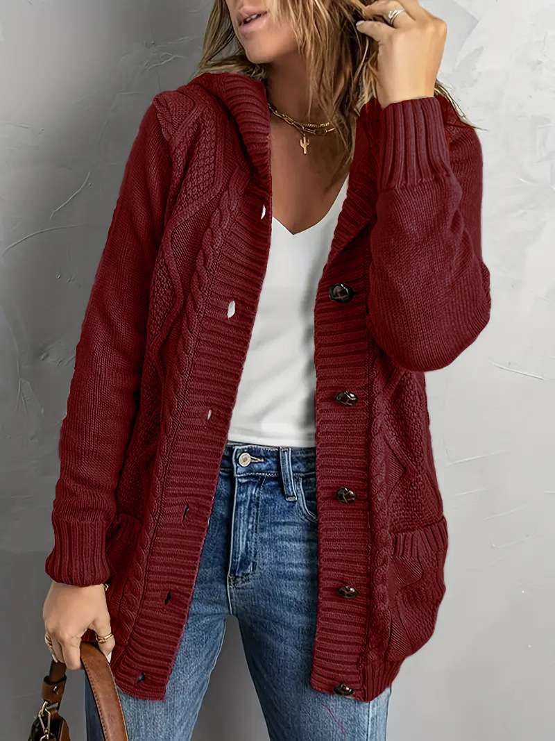 Cozy Cable Knit Button-Up Cardigan - 3XL, Red image