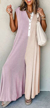 Colorblock Button-Front Jumpsuit - S, Brown image