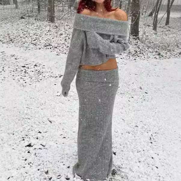 Off Shoulder Sweater Co-ords Maxi Skirt Set - L, Glacier Grey image