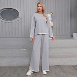 Casaul Sweater Sets Pullover Tops Wide Leg Pants - S, Grey image