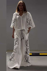 Two-Piece Set with Floral Outline Design - White, S image