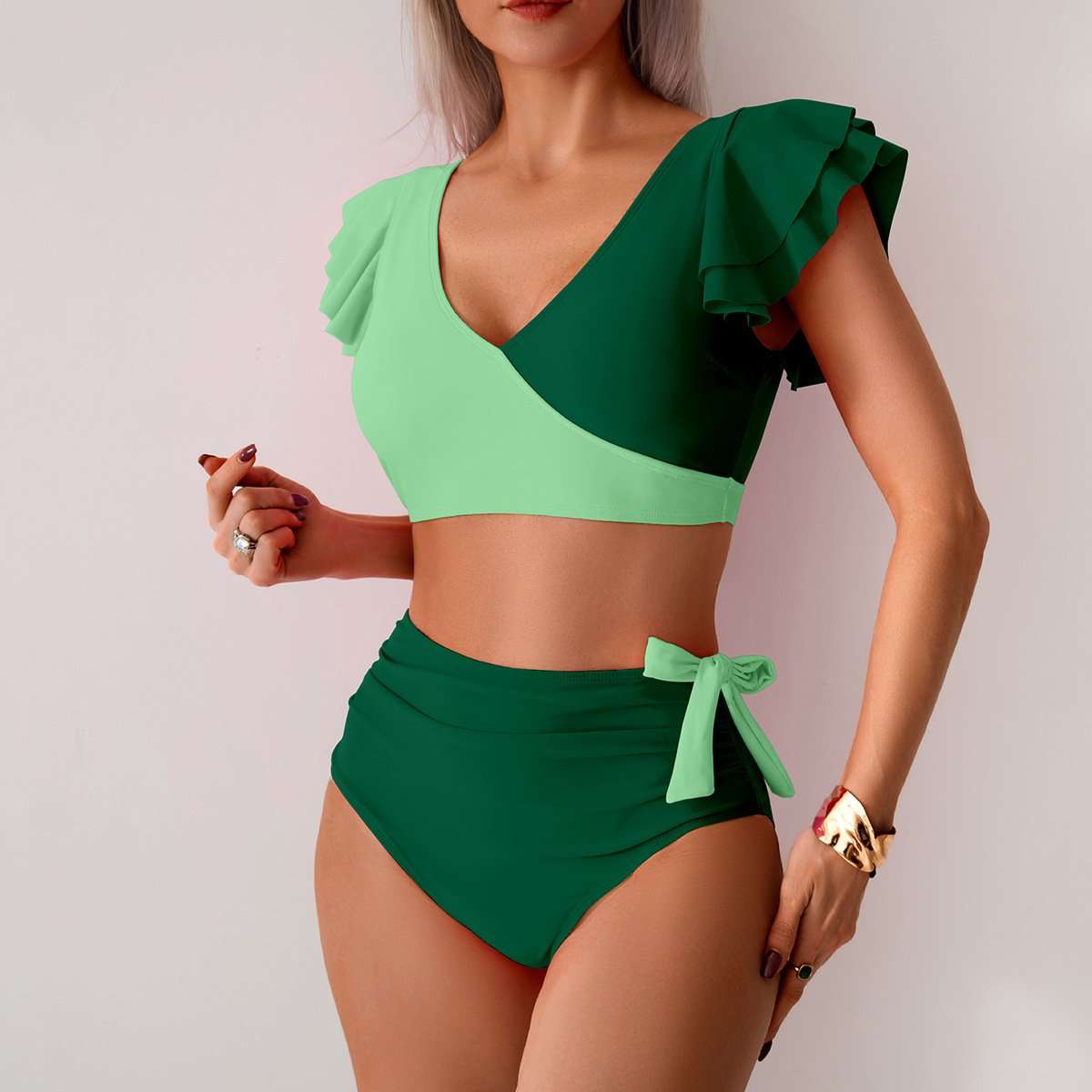 Two-Tone Ruffle Sleeve High-Waisted Bikini Set - S, Green image
