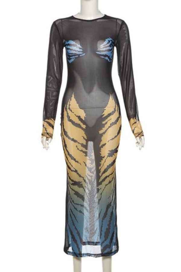 Sexy 3D Print See-Through Mesh Long Sleeve Maxi Dress image 4