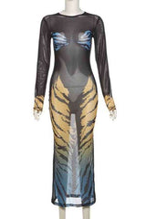 Sexy 3D Print See-Through Mesh Long Sleeve Maxi Dress image 4