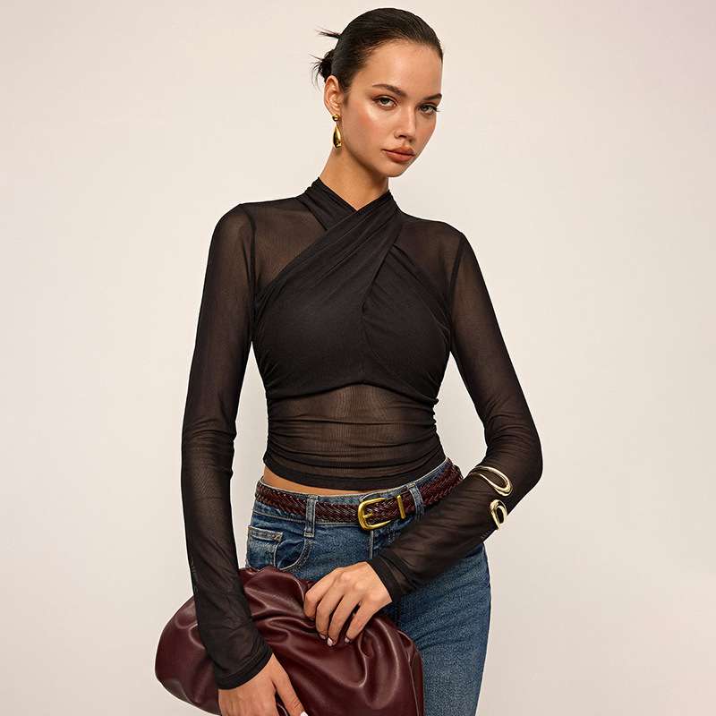 Sheer Long-Sleeve Crop Top - S, Black image