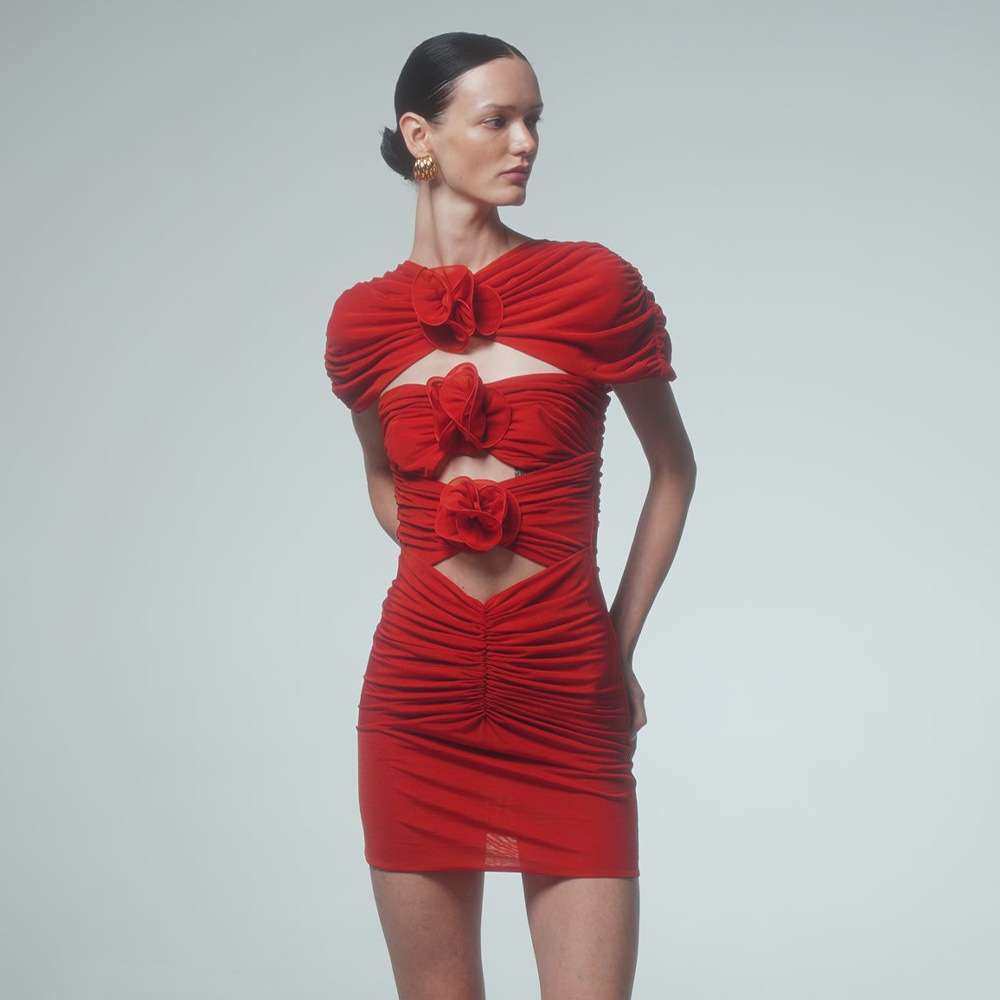 Ruched Cut-Out Dress with Floral Accents image 3