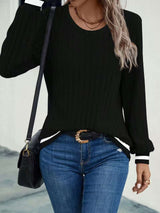 Striped Crew Neck Sweater with Detail - M, Black image