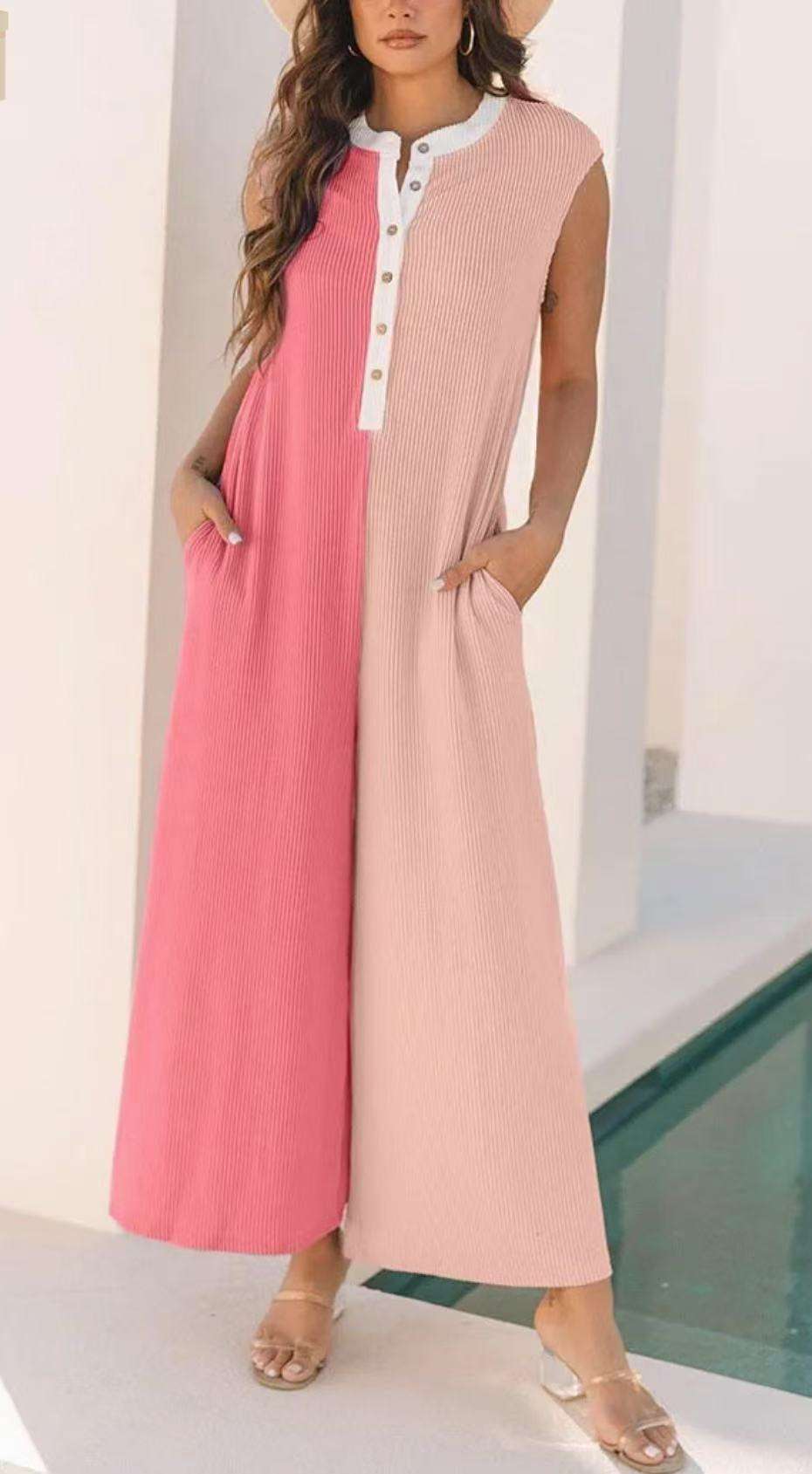 Colorblock Button-Front Jumpsuit - L, Rose image
