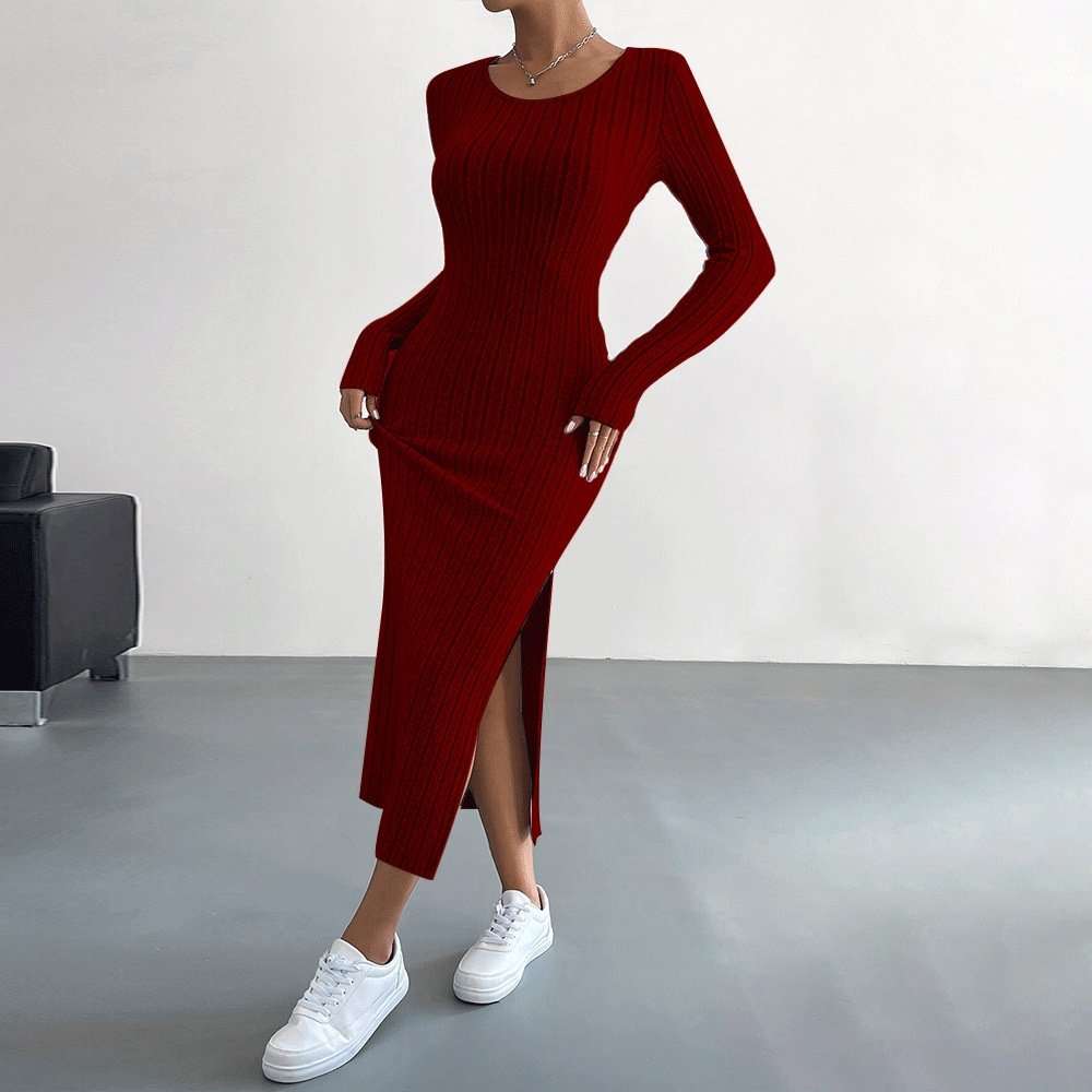 Solid Long Sleeve Bodycon Dress - S, Dark Red image