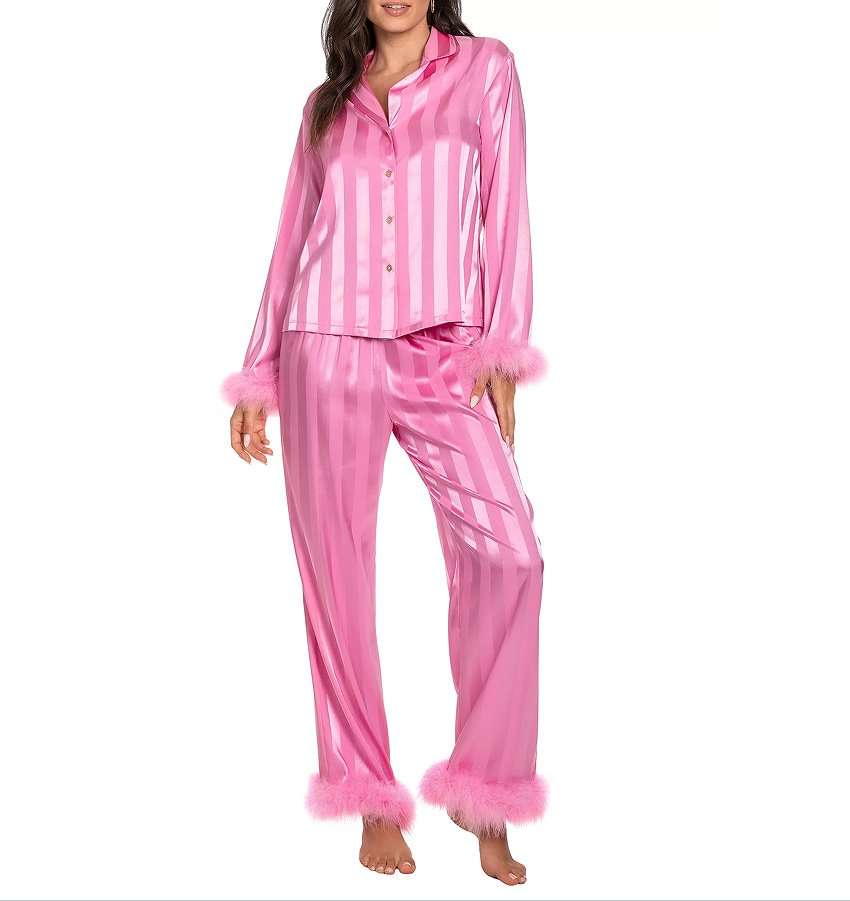 Faux-Fur Trimmed Pajama Set - S, Pink image