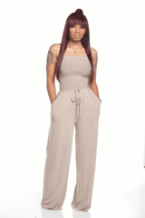 Women's Casual Off Shoulder Solid Color Strapless Belted Wide Leg Jumpsuit Romper with Pockets image 4