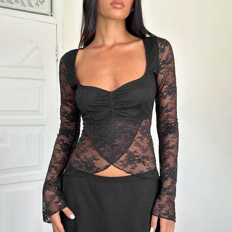 Floral Lace Long-Sleeve Overlay Top with Ruched Bust image 6